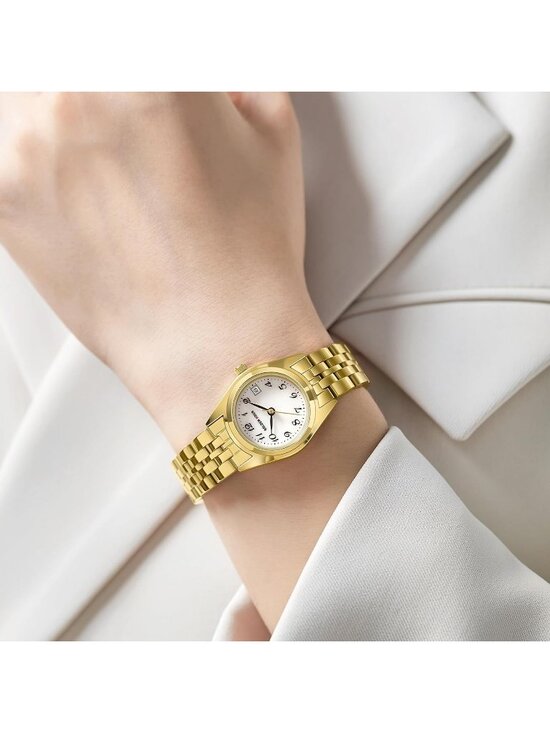 Women\'s Gold White Analog Quartz Stainless Steel Band Easy Reader Bracelet Watch